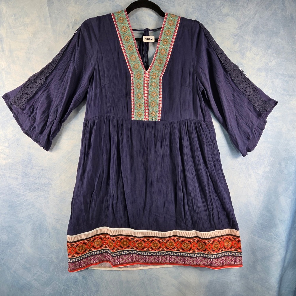 White Mark Womens Navy Blue Boho Embroidered‎ Trim Bell Sleeve Mini Dress Size M